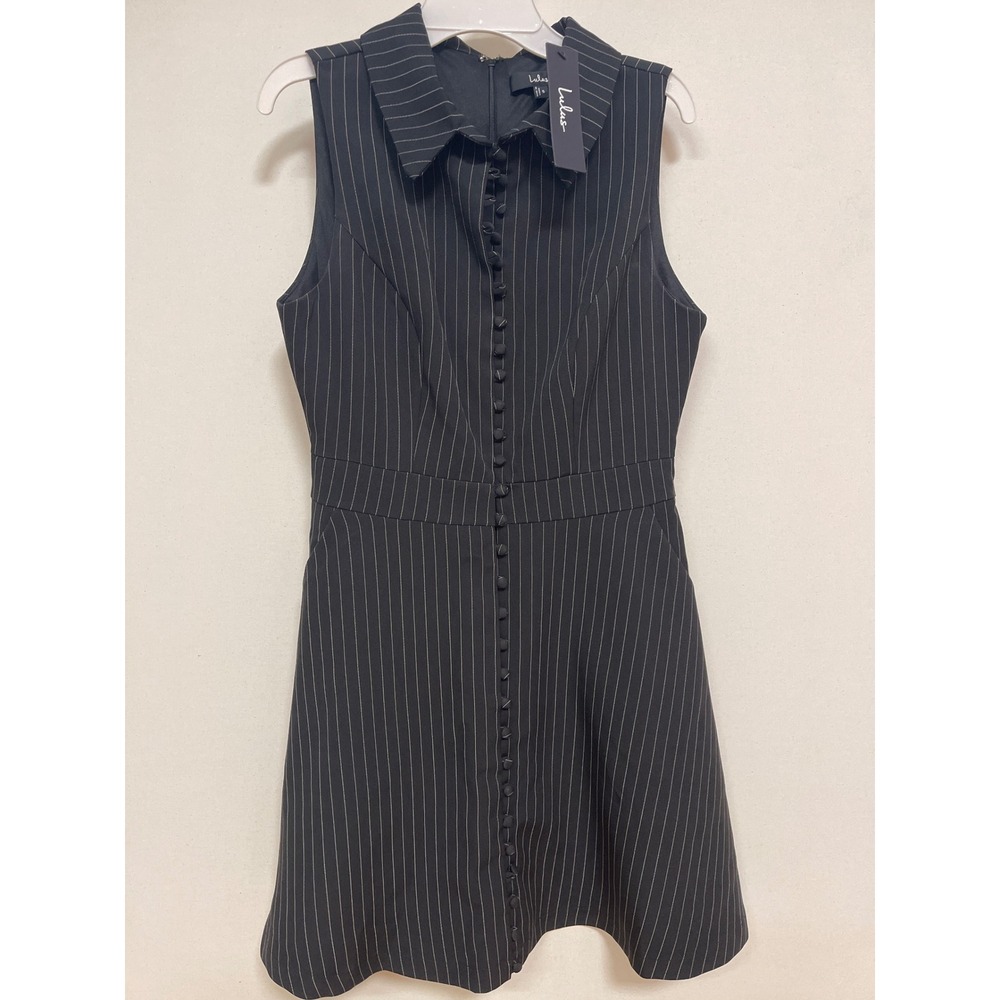 Lulus Pinstripe Sleeveless Mini Dress Black White Button Front Collar Size S NWT